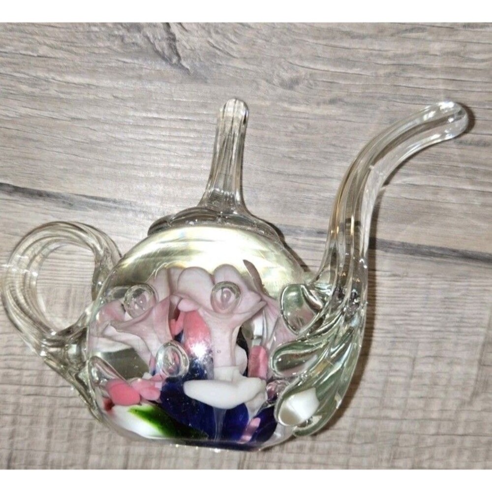 Vintage Joe St Clair Glass Teapot Ring Holder Paperweight Multicolor Flowers